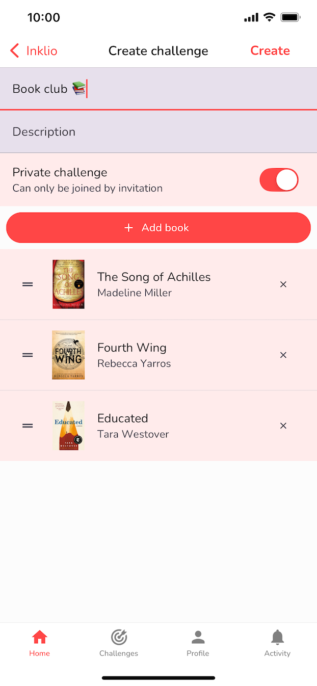 Screenshot of creating a challenge