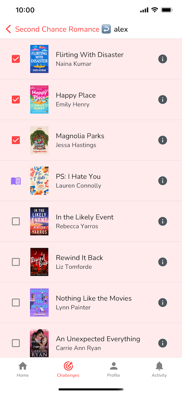 Screenshot of the books in a challenge