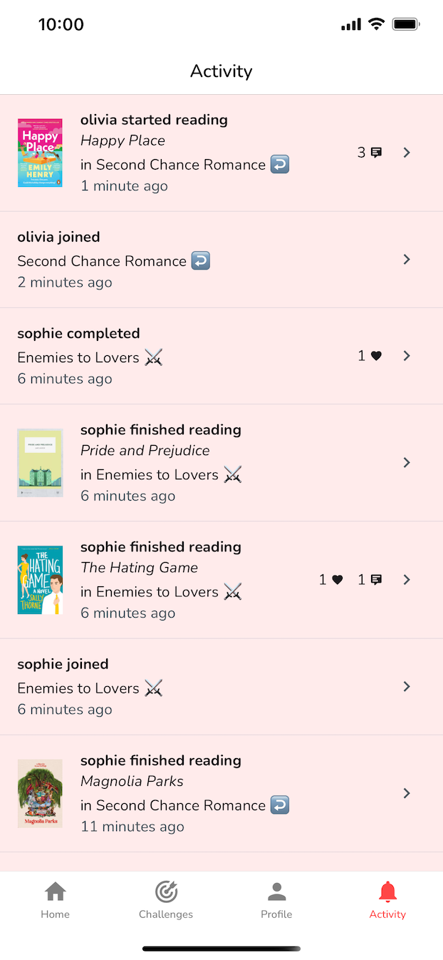 Screenshot of the activity feed